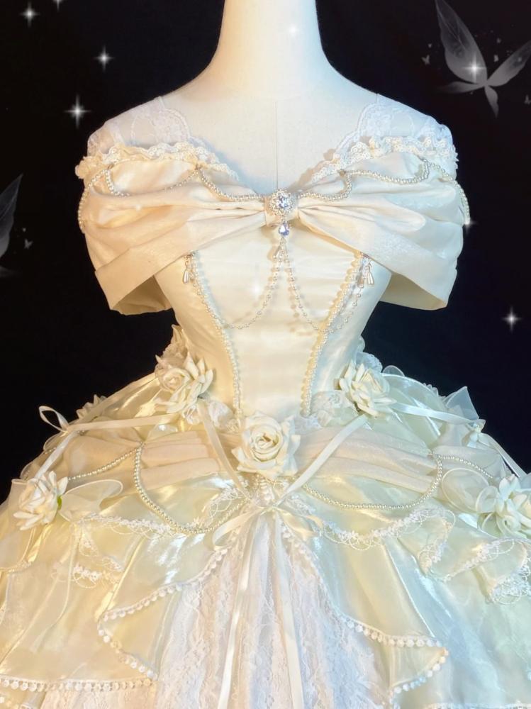 Belle Ivory Princess Dress Roses Knee Length Ball Gown Hanayome Dress