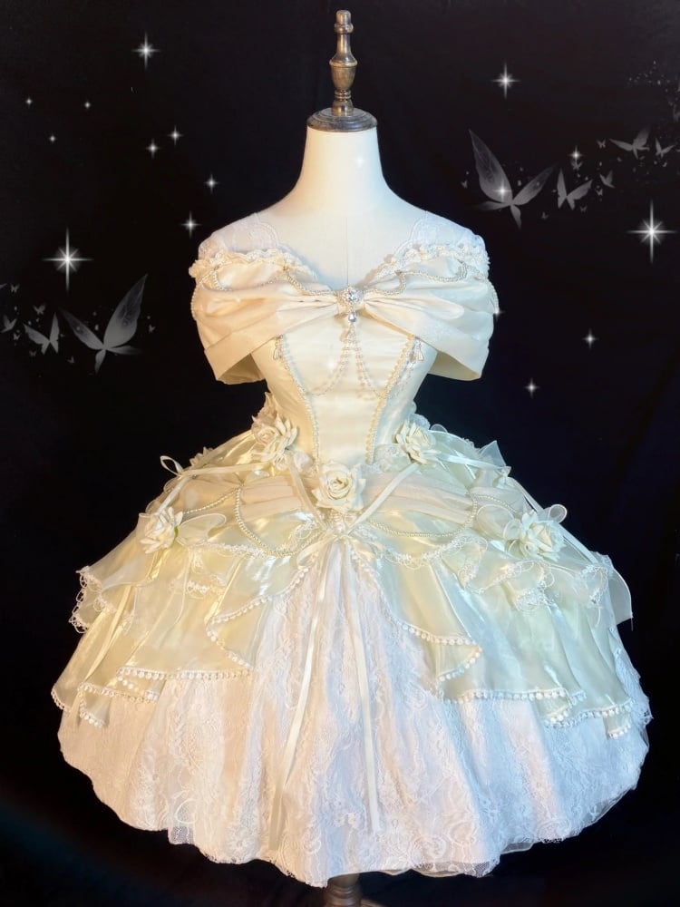 Belle Ivory Princess Dress Roses Knee Length Ball Gown Hanayome Dress