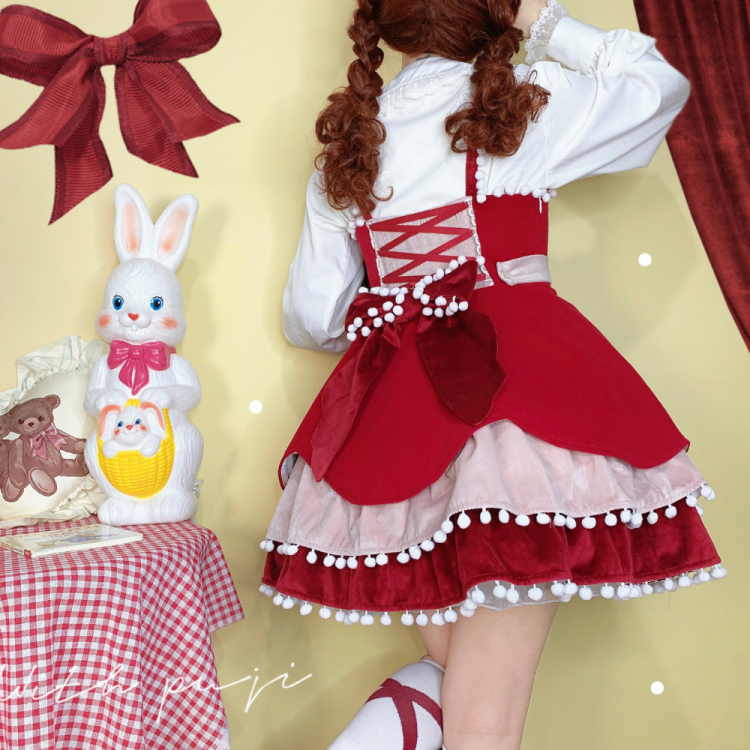 Pompom Trim Tiered Flounce Skirt Bowknot Sweet Winter Lolita Dress