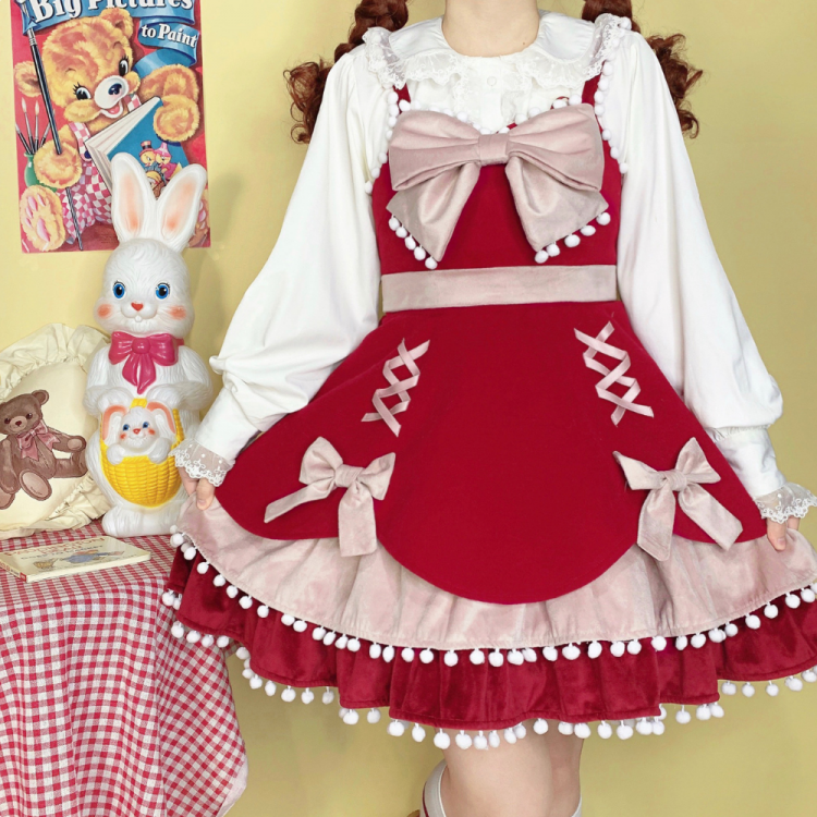 Pompom Trim Tiered Flounce Skirt Bowknot Sweet Winter Lolita Dress