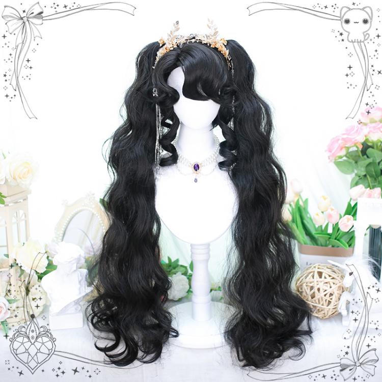 Curly Bangs Black Short Synthetic Wig with Wavy Double Ponytails