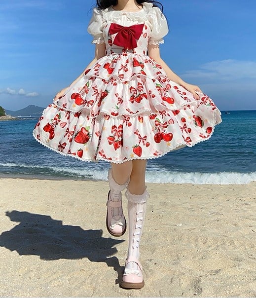 Cherry Berry Big Bow High Waist Jumper Skirt