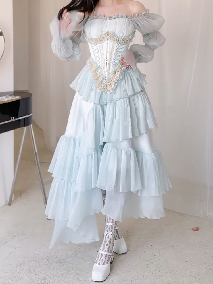 Clearance-Size XS for Bust 81CM Light Blue High Waist Asymmetrical Flounce Hem Tiered Dress - Sukuroi