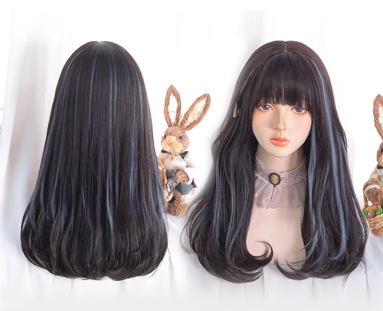 Dusty Blue Highlights Wavy Synthetic Wig