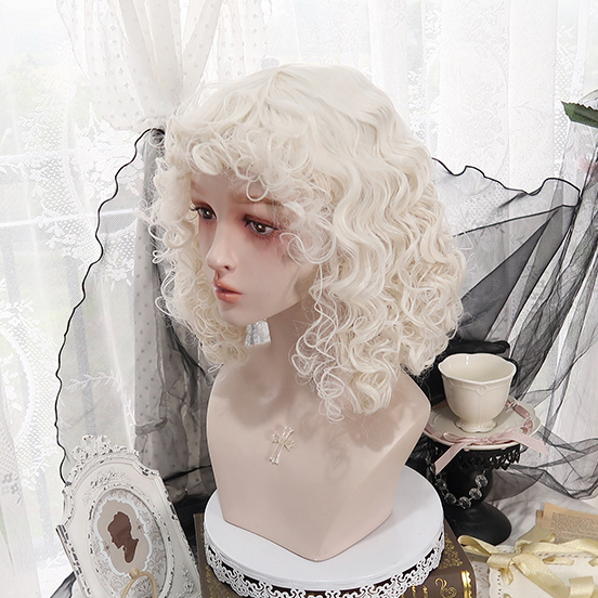 White Mid Length Wool Curly Wig