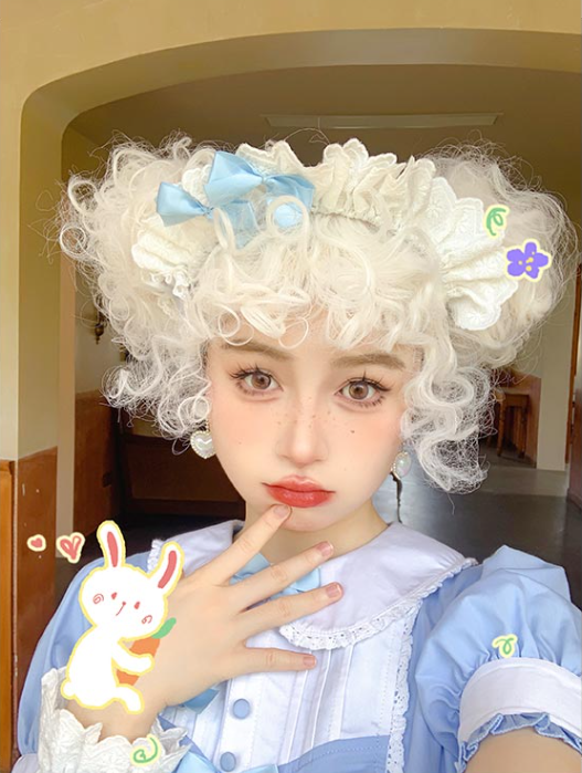 White Mid Length Wool Curly Wig