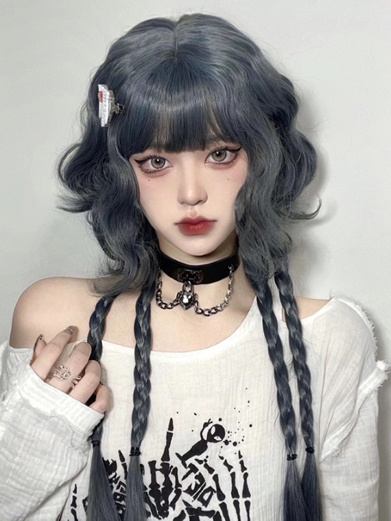 In Stock Ink Blue Curly Bangs Wig