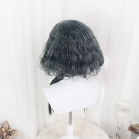 In Stock Ink Blue Curly Bangs Wig