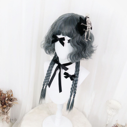 In Stock Ink Blue Curly Bangs Wig