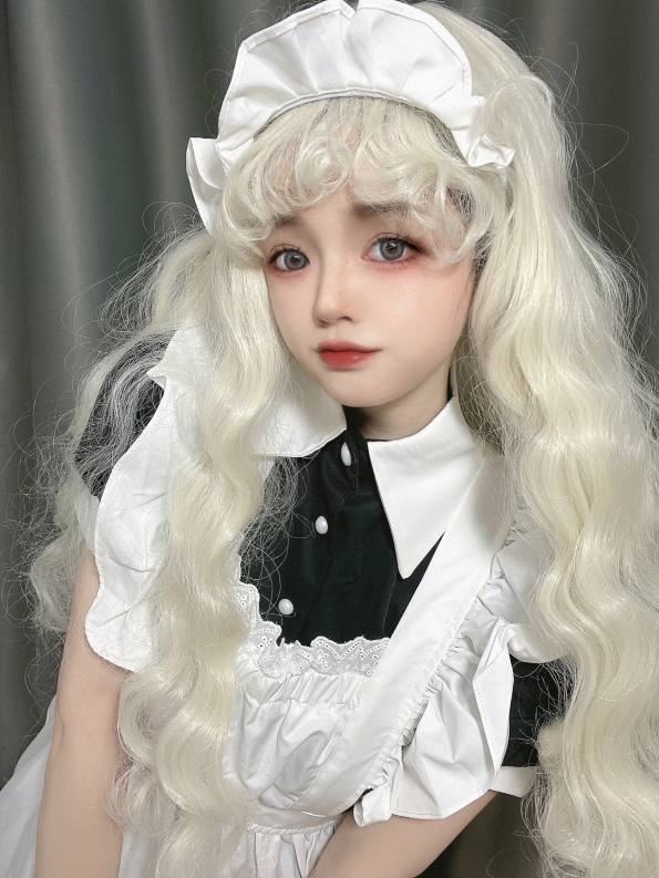 60cm Off White Long Wavy Wig with Curly Bangs