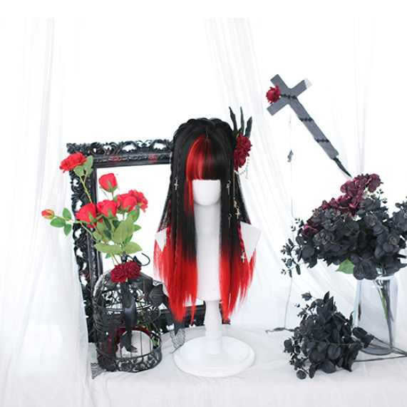 Black and Red Ombre Air Bangs Long Straight Wig