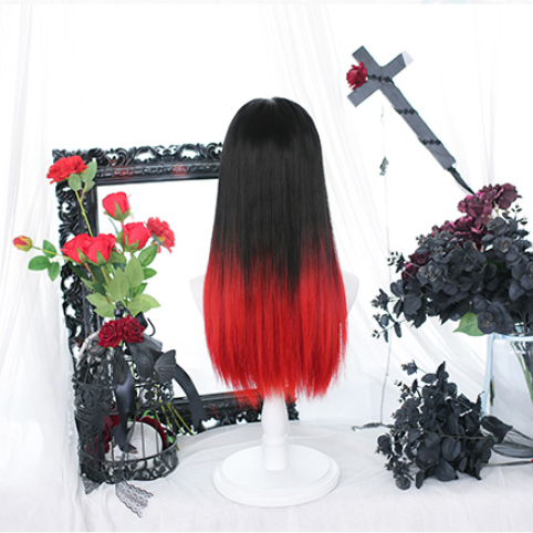 Black and Red Ombre Air Bangs Long Straight Wig