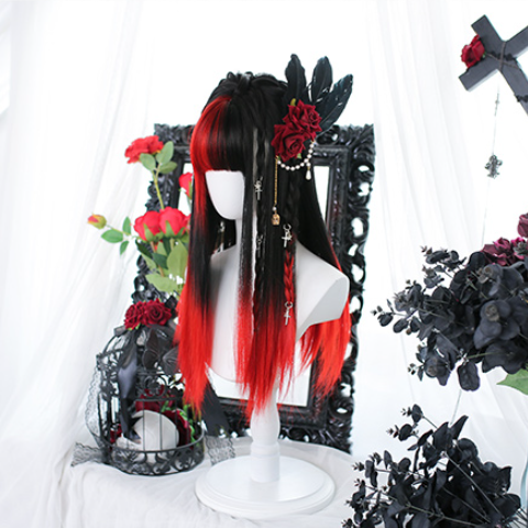 Black and Red Ombre Air Bangs Long Straight Wig