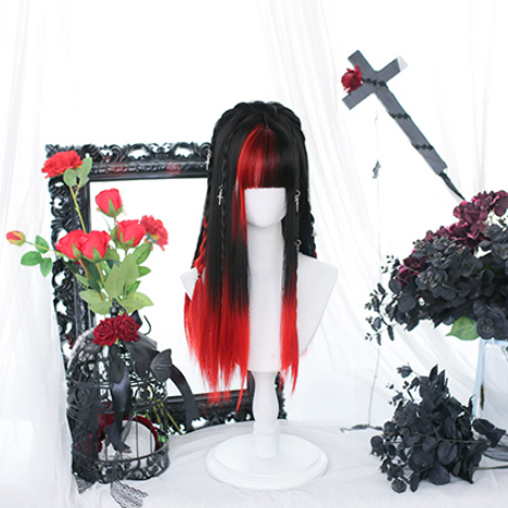 Black and Red Ombre Air Bangs Long Straight Wig