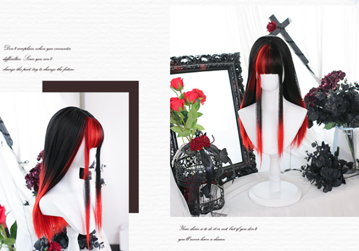 Black and Red Ombre Air Bangs Long Straight Wig