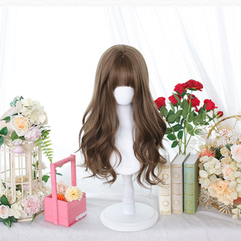 Brown Long Wavy Wig with Air Bangs