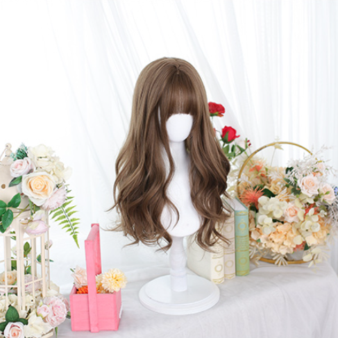 Brown Long Wavy Wig with Air Bangs