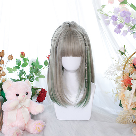 In Stock Green Highlights Mid Length Straight Wig