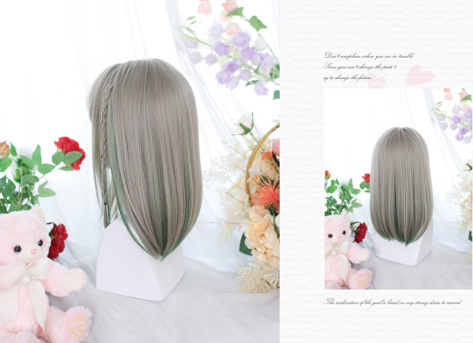 In Stock Green Highlights Mid Length Straight Wig