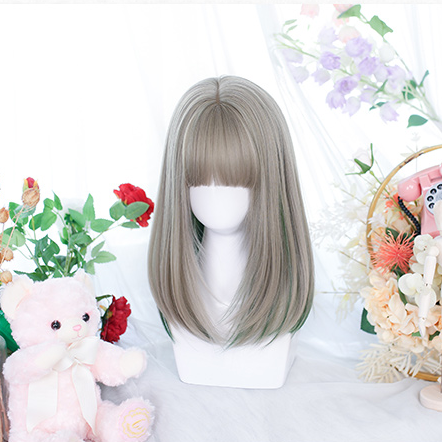 In Stock Green Highlights Mid Length Straight Wig