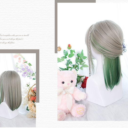 In Stock Green Highlights Mid Length Straight Wig