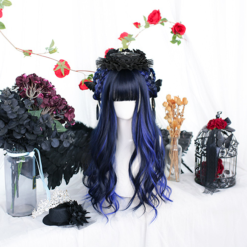 In Stock Black Blue Highlights Long Wavy Wig