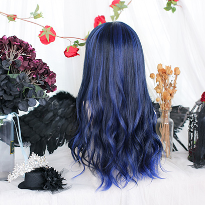 In Stock Black Blue Highlights Long Wavy Wig