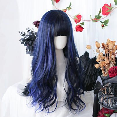 In Stock Black Blue Highlights Long Wavy Wig