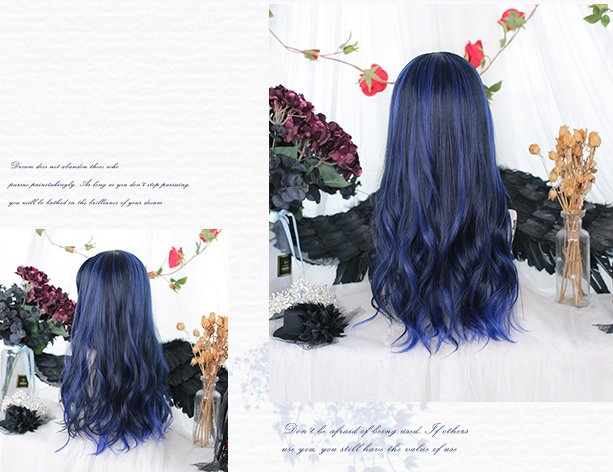 In Stock Black Blue Highlights Long Wavy Wig