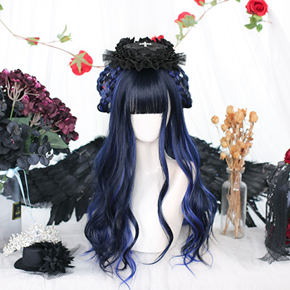 In Stock Black Blue Highlights Long Wavy Wig