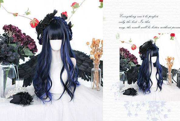 In Stock Black Blue Highlights Long Wavy Wig