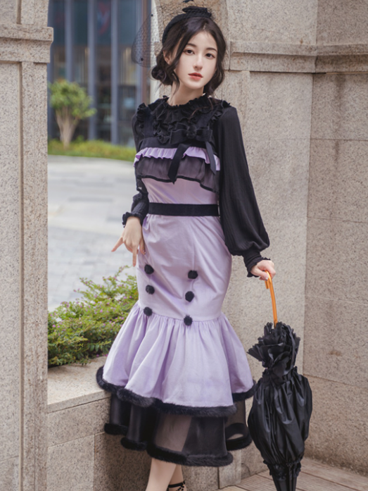 Flower Vine Black and Purple Mermaid Skirt Lolita JSK+Shawl Set