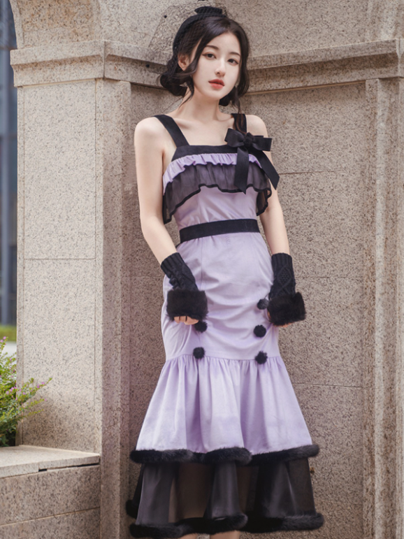 Flower Vine Black and Purple Mermaid Skirt Lolita JSK+Shawl Set