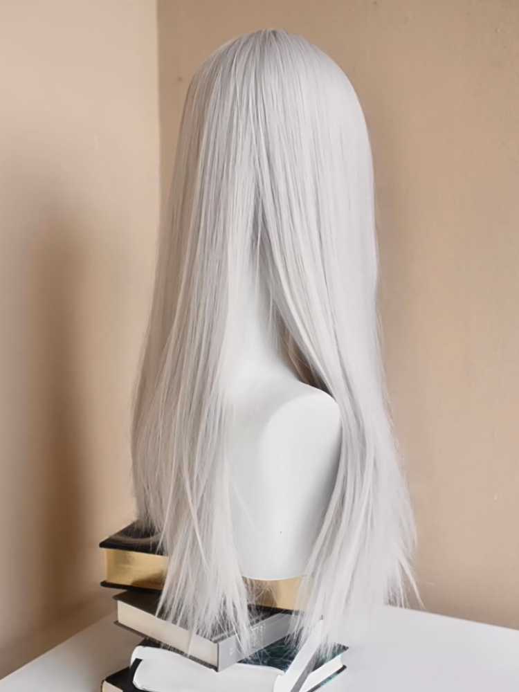 Grey Long Straight Synthetic Wig with Air Bangs