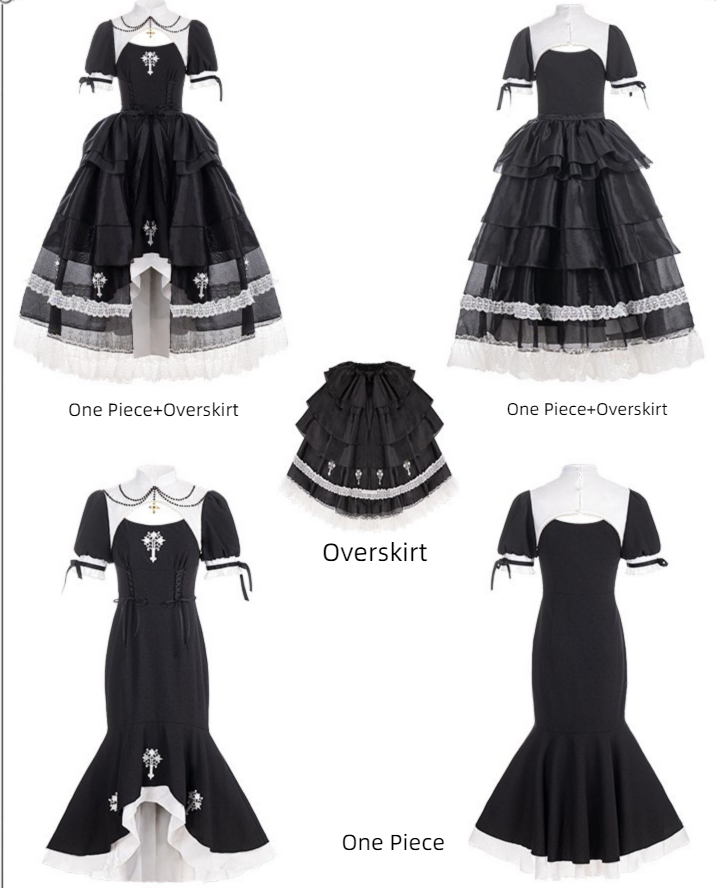 Cross Embroidery Mermaid Skirt Gothic One Piece with Overskirt Full Set Nun Dress