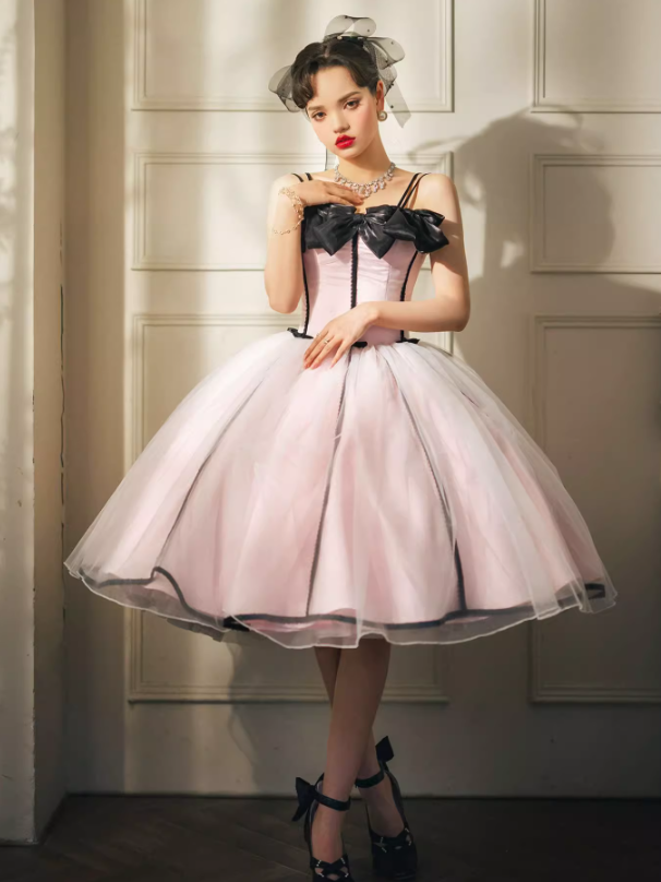 Black and Pink Prom Dress Boned Bodice Elegant Jumper Skirt