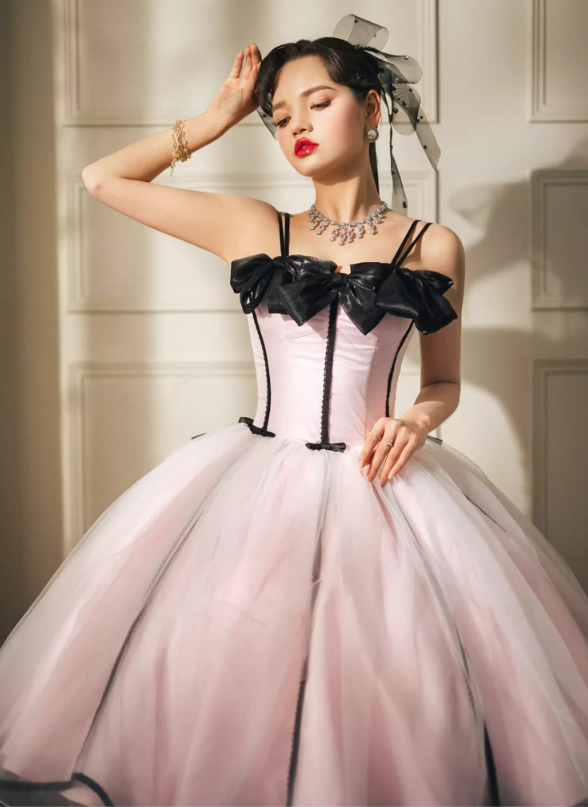 Black and Pink Prom Dress Boned Bodice Elegant Jumper Skirt