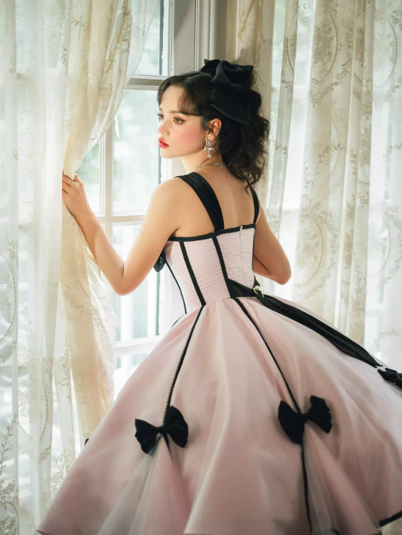 Elegant Black Bowknots Pink Corset Dress Tea Party Dress