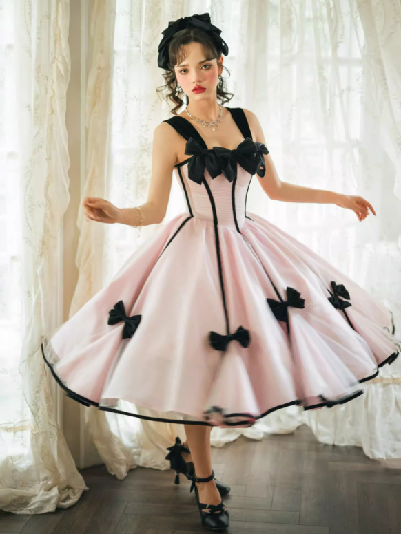 Elegant Black Bowknots Pink Corset Dress Tea Party Dress