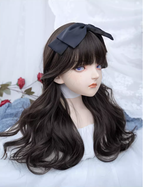 Black Tea Long Wavy Synthetic Wig with Full Bangs