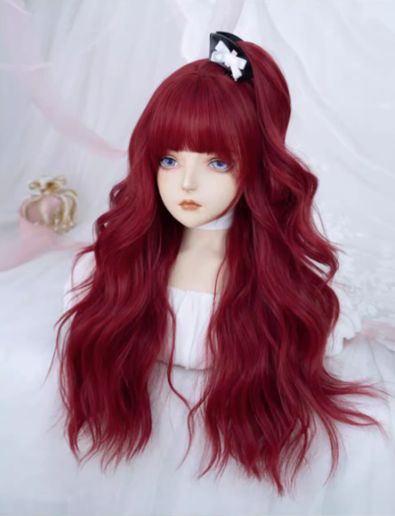 Red Long Wavy Synthetic Wig with Full Bangs