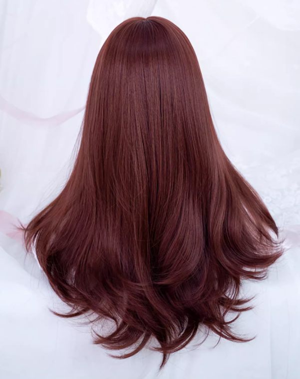 Dark Red Long Wavy Synthetic Wig with Full Bangs