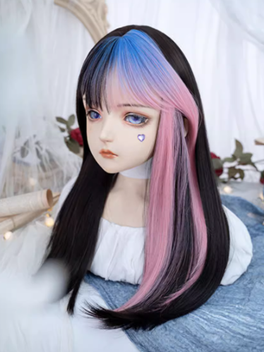 Blue and Pink Highlight Hair Color Black Long Straight Synthetic Wig