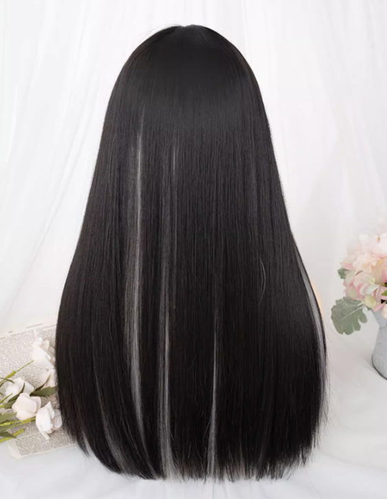 Grey Highlight Hair Color Black Medium Length Synthetic Straight Wig with Full Bangs