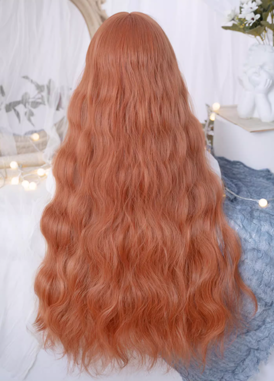 Orange Waist Length Synthetic Wavy Wig with Full Bangs