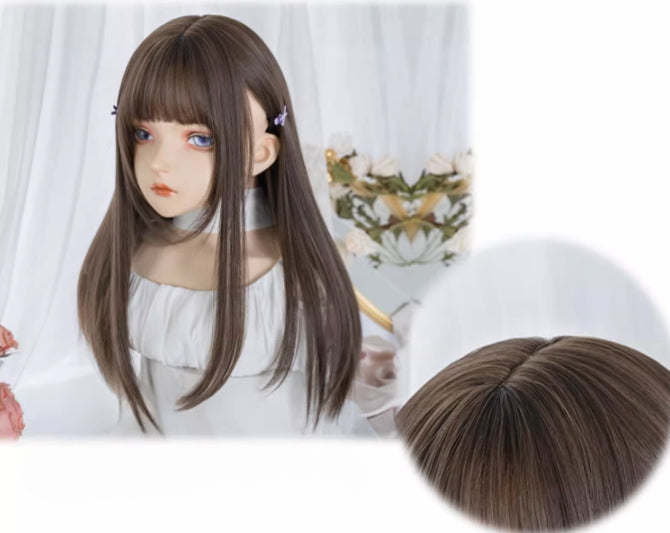 Dark Brown Medium Length Synthetic Straight Wig with Full Bangs