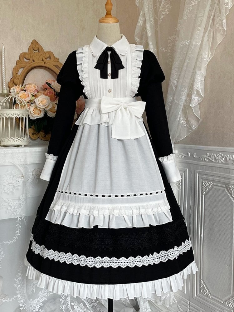 Black High Waist One Piece Maid Style Dress with Detachable Apron Long Sleeves Version