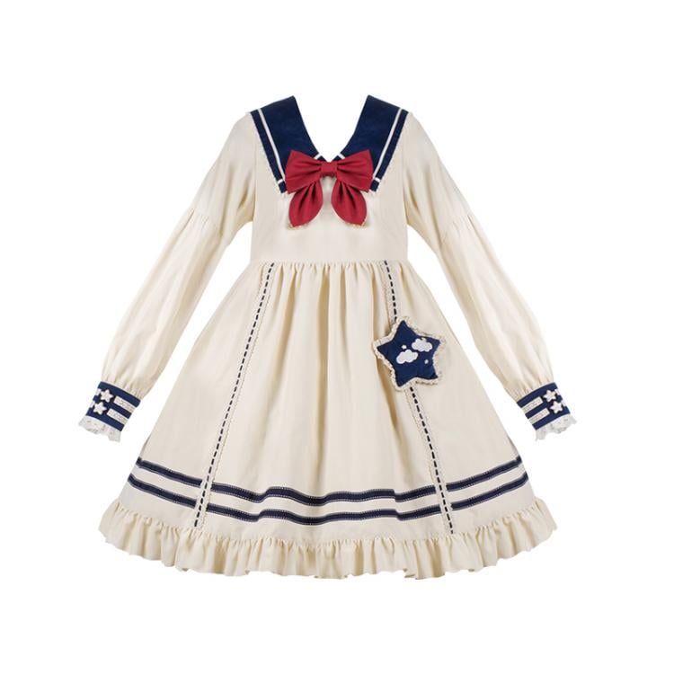 Cloud Embroidery Sailor Collar Dress Beige and Dark Blue One Piece