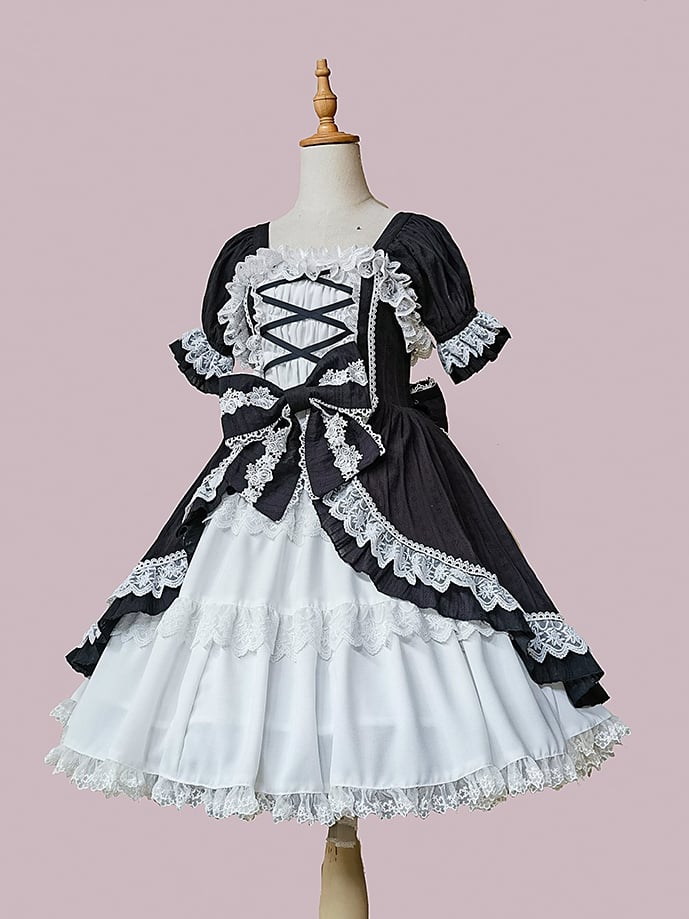 Clearance-Size M for Bust 90CM White and Black Bowknot Details Ruffle Neckline Short Sleeves One Piece - Sukuroi