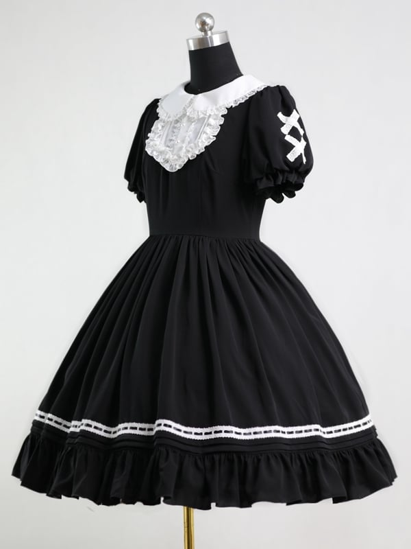 Black / White Peter Pan Collar Maid Dress One Piece